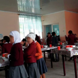 ВИДЕО - Мектеп директору отургучтарды темирге өткөрүп салып, окуучулар туруп тамактанууда